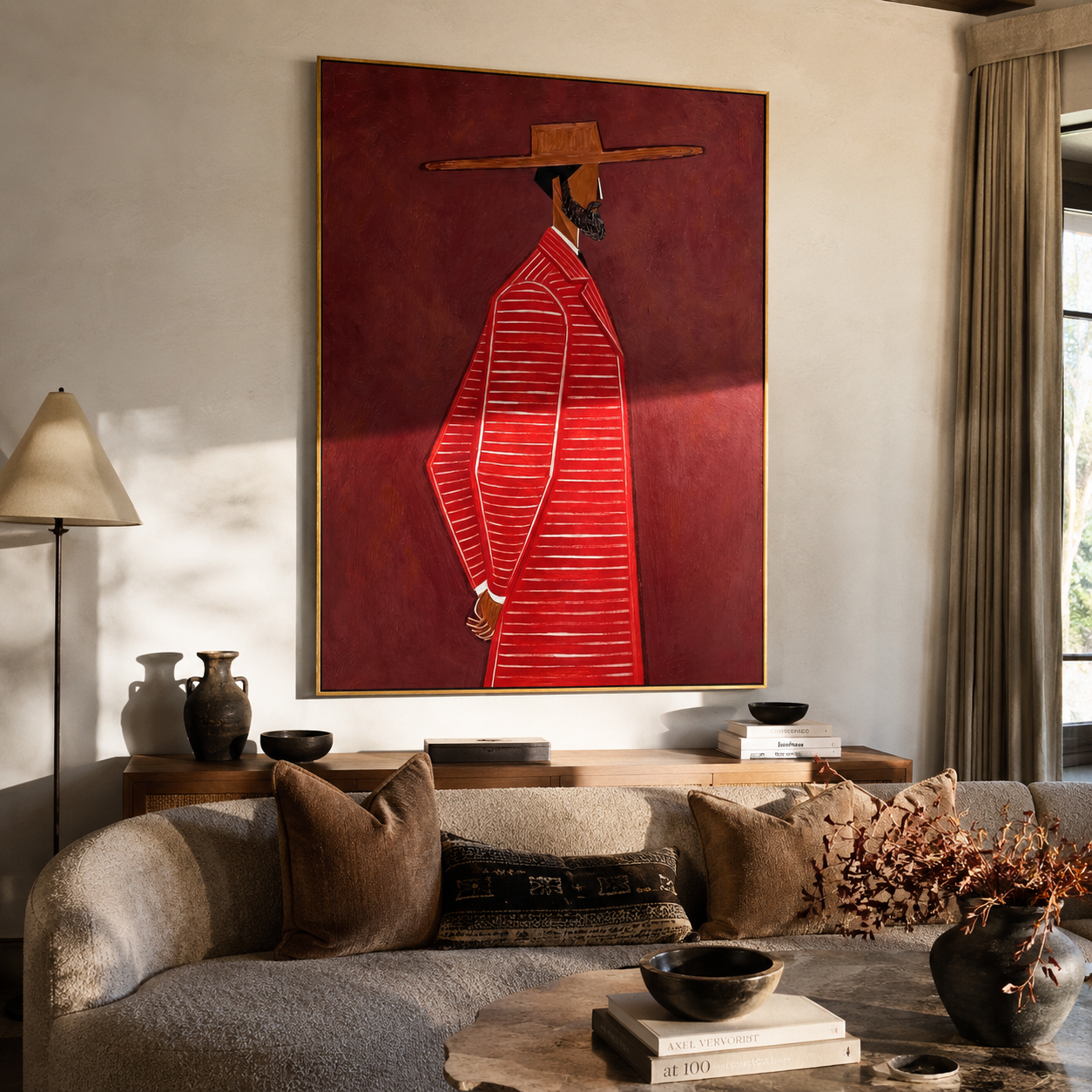Red Stripes Walk Alone styled in a layered residential interior