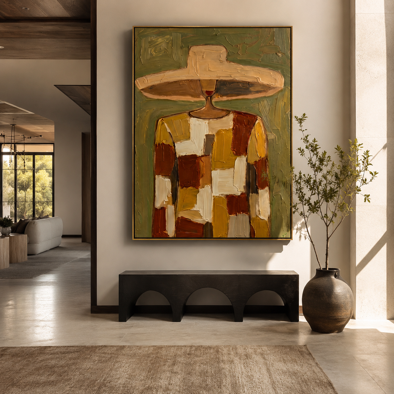 Patchwork Wears the Sun displayed in a warm contemporary interior