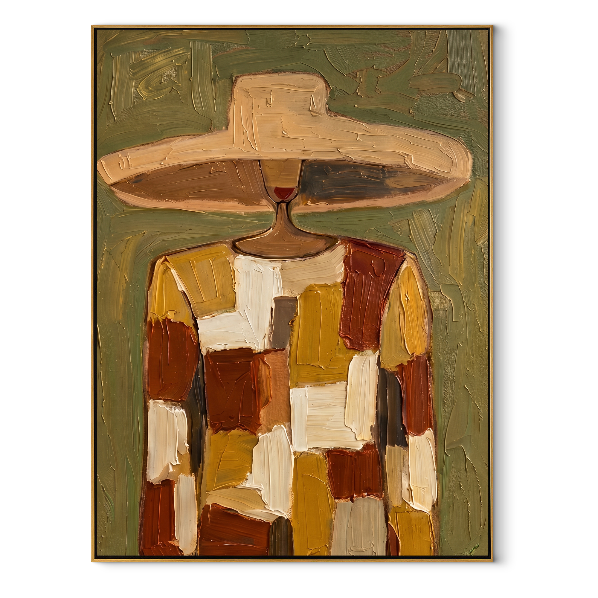 Patchwork Wears the Sun abstract figurative textured painting, vertical canvas artwork