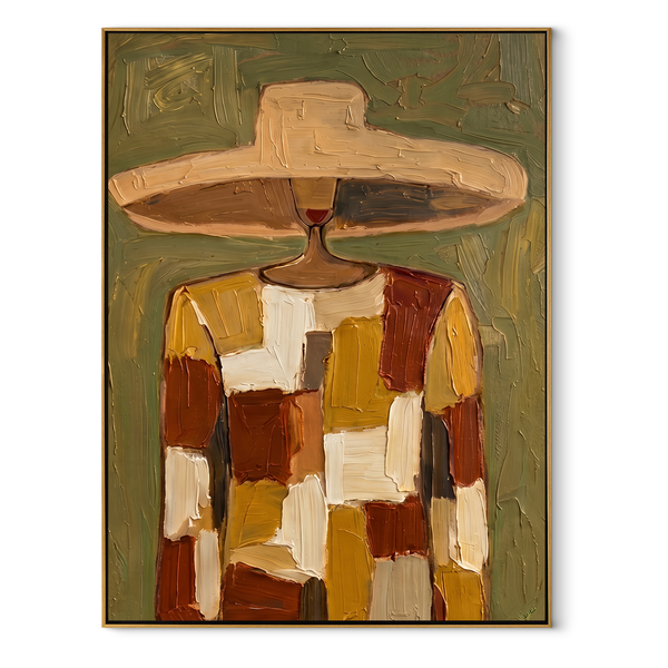 Patchwork Wears the Sun – Patchwork Hat Figure Painting | Mid-Century Modern Vertical Wall Art