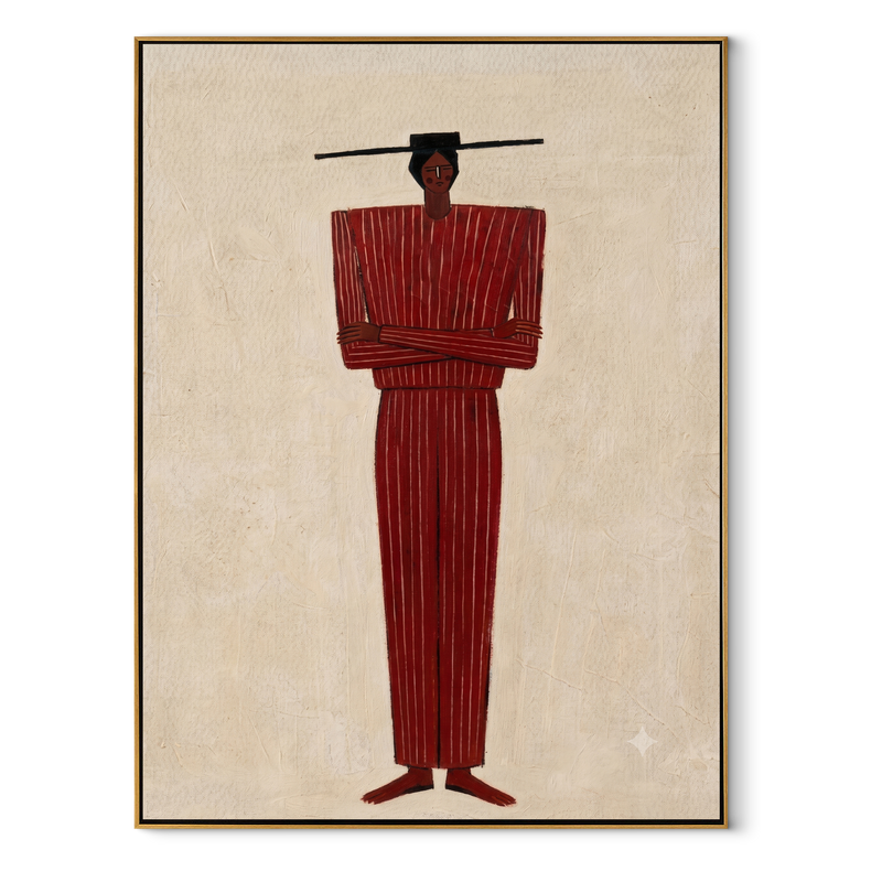 Red Column Holds Stars – Tall Red Figure Painting | Mid-Century Modern Vertical Wall Art