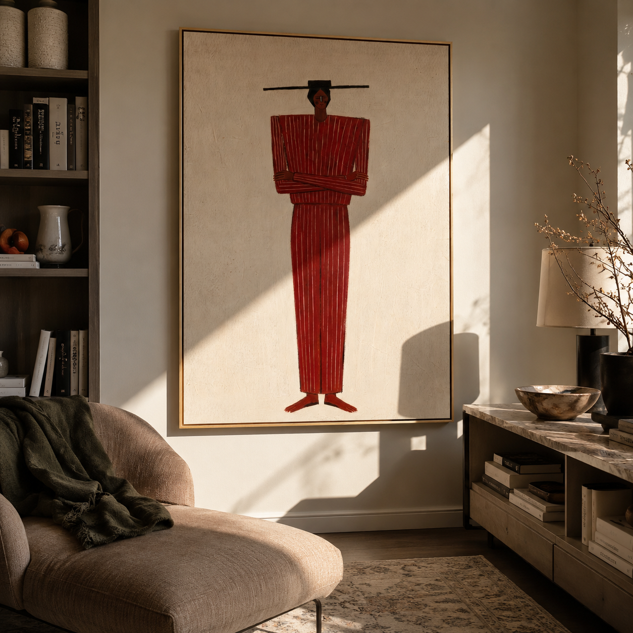 Red Column Holds Stars styled with neutral modern furnishings