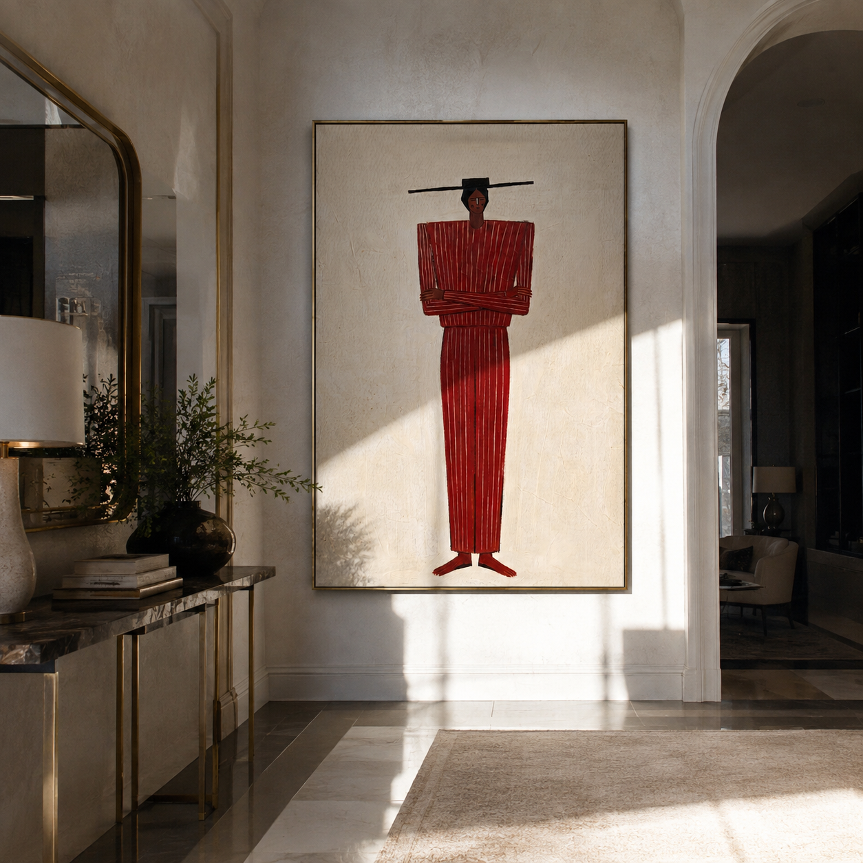 Red Column Holds Stars styled in a layered residential interior