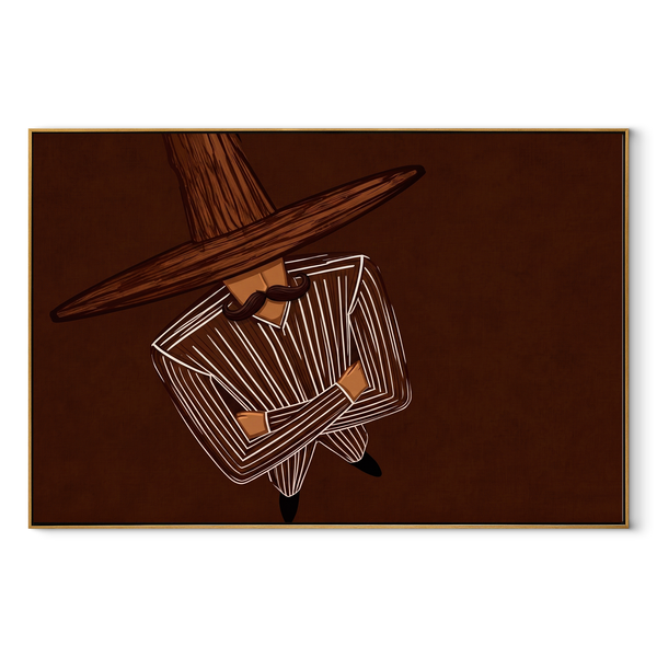 Brown Orbit Turns Inward – Top View Hat Figure Painting | Mid-Century Modern Horizontal Wall Art