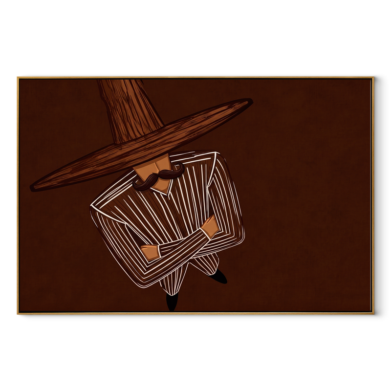 Brown Orbit Turns Inward – Top View Hat Figure Painting | Mid-Century Modern Horizontal Wall Art