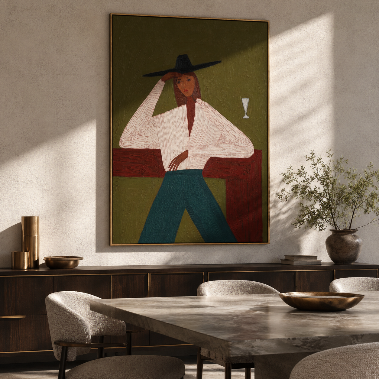 White Blouse Waits Green displayed in a warm contemporary interior