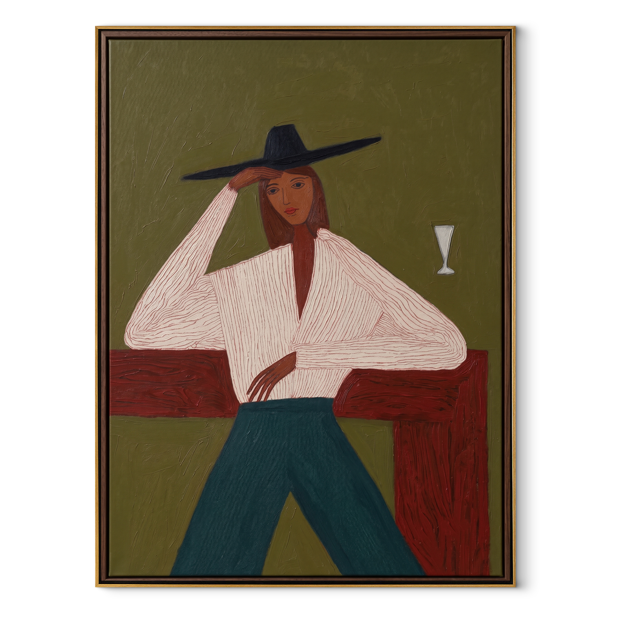 White Blouse Waits Green abstract figurative textured painting, vertical canvas artwork