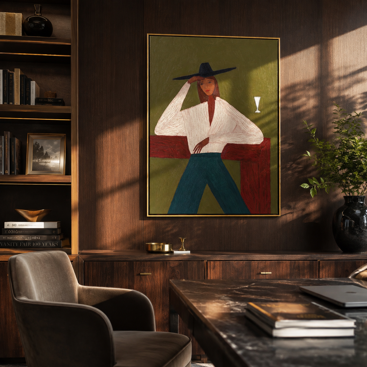 White Blouse Waits Green styled with neutral modern furnishings