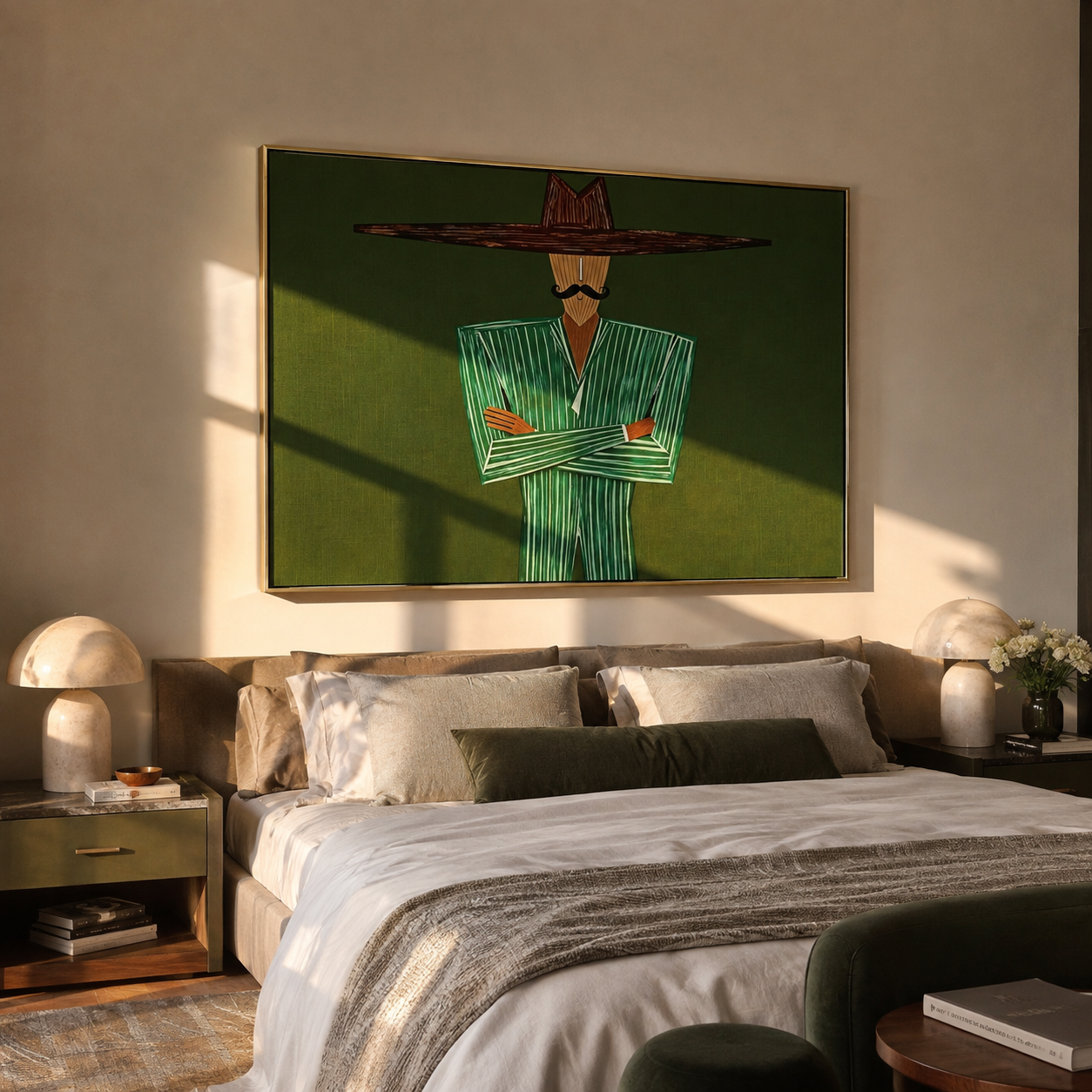 Emerald Lines Stand Firm displayed in a warm contemporary interior