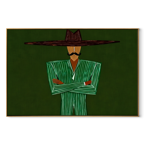 Emerald Lines Stand Firm – Green Suit Figure Painting | Mid-Century Modern Horizontal Wall Art