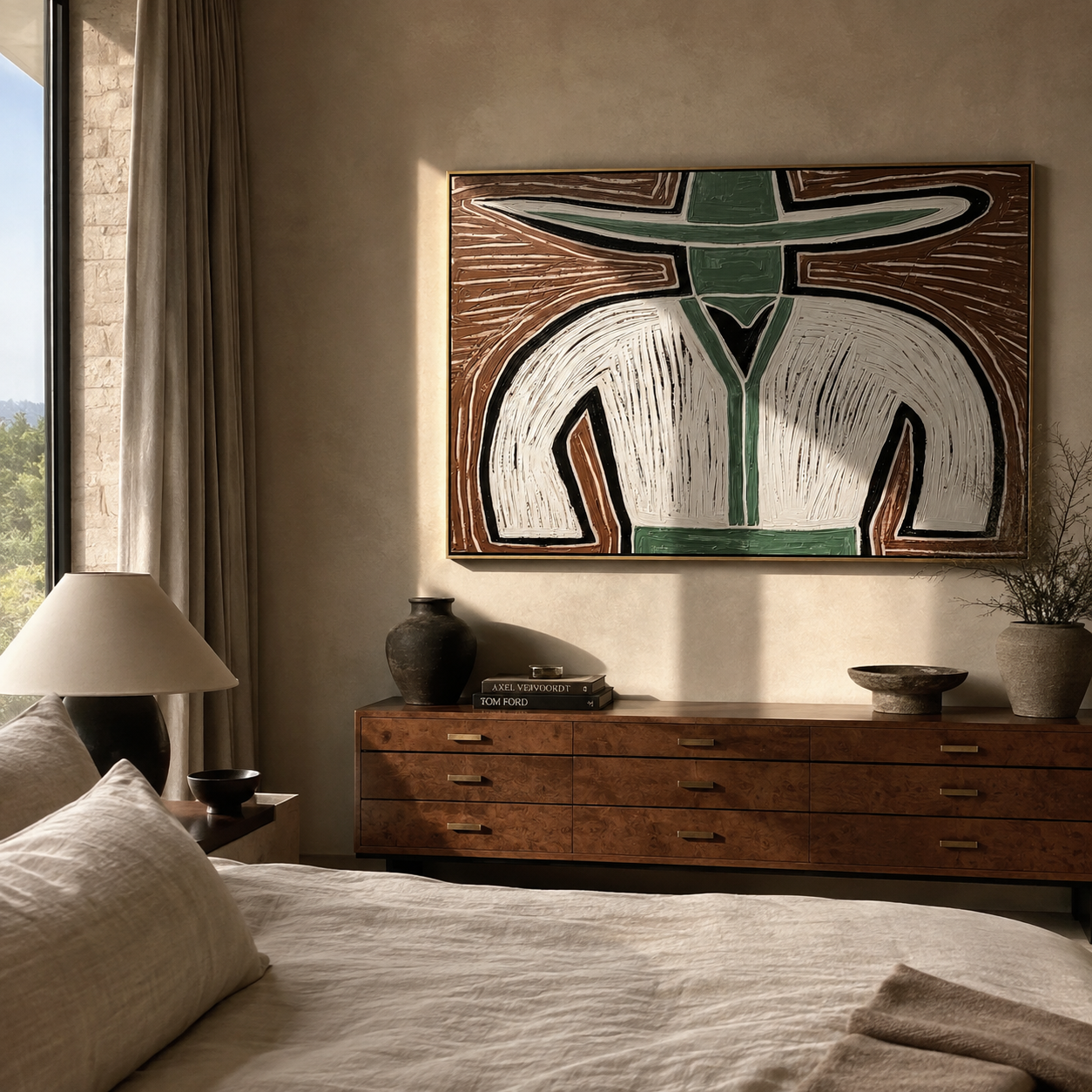 White Curves Divide Earth displayed in a warm contemporary interior
