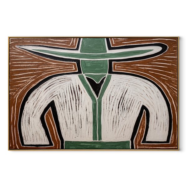 White Curves Divide Earth – White Jacket Figure Painting | Mid-Century Modern Horizontal Wall Art