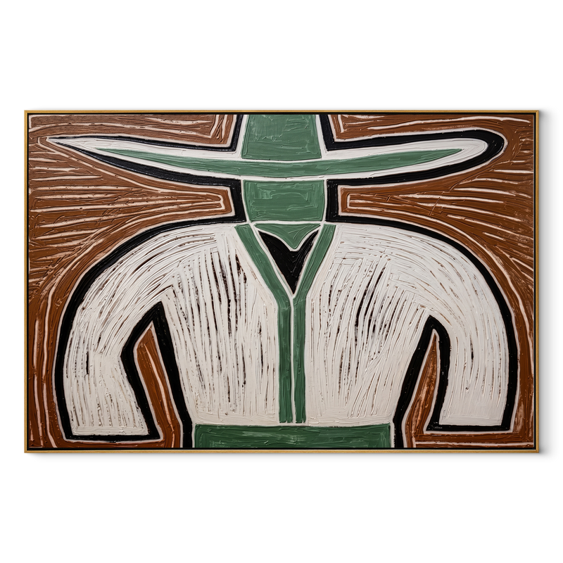 White Curves Divide Earth – White Jacket Figure Painting | Mid-Century Modern Horizontal Wall Art