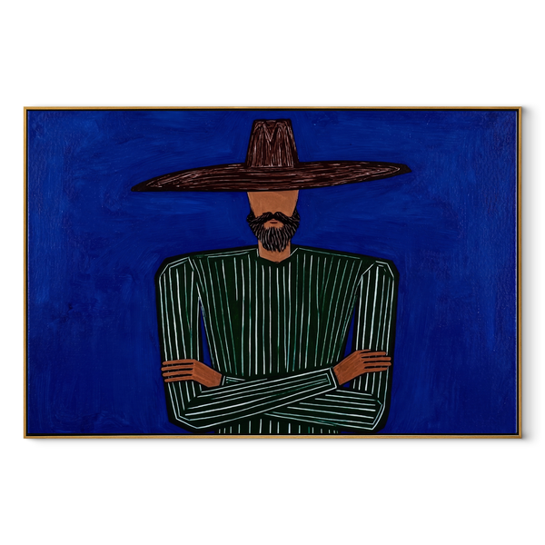 Green Silence Meets Cobalt – Green Figure Blue Ground Painting | Mid-Century Modern Horizontal Wall Art