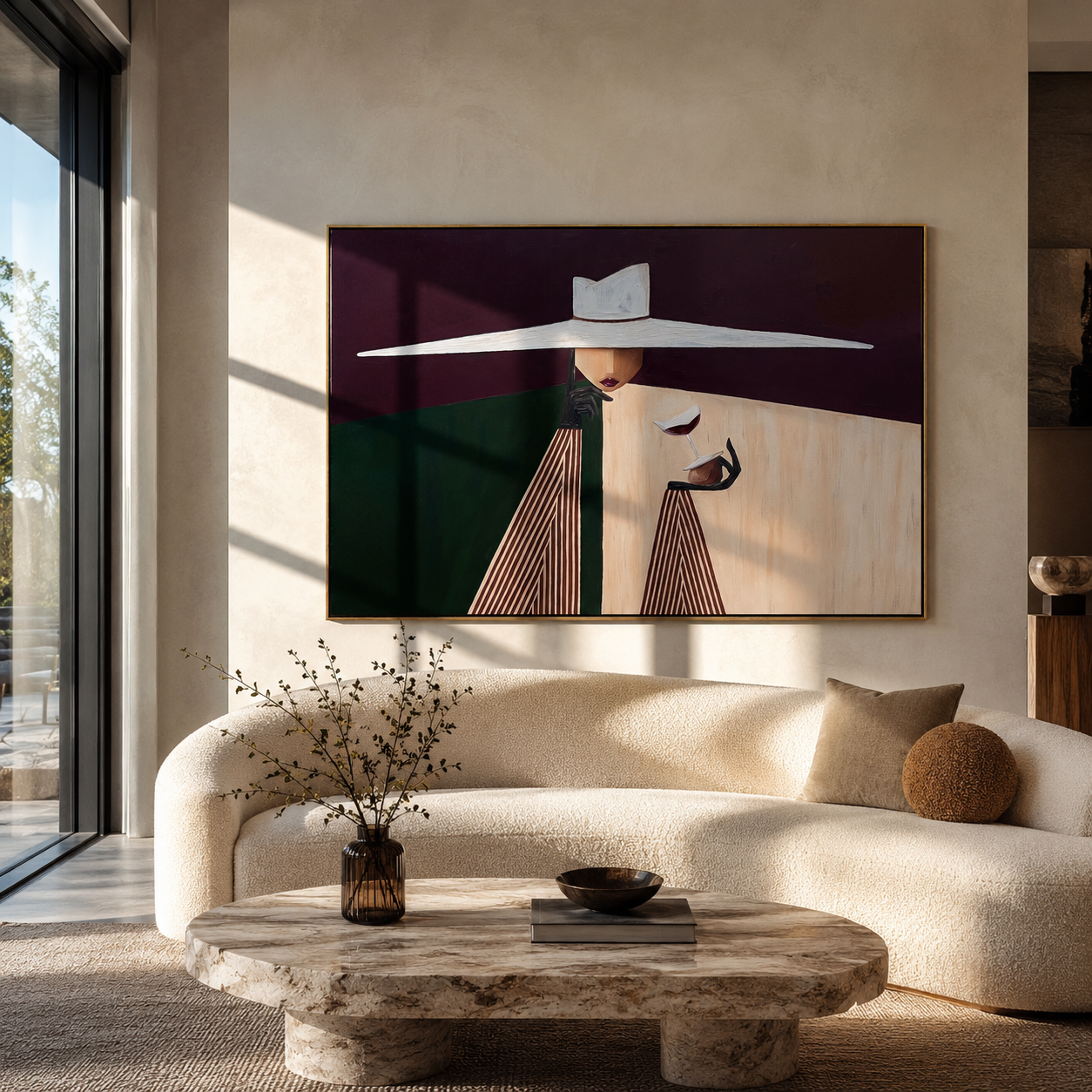 White Brim Serves Burgundy displayed in a warm contemporary interior