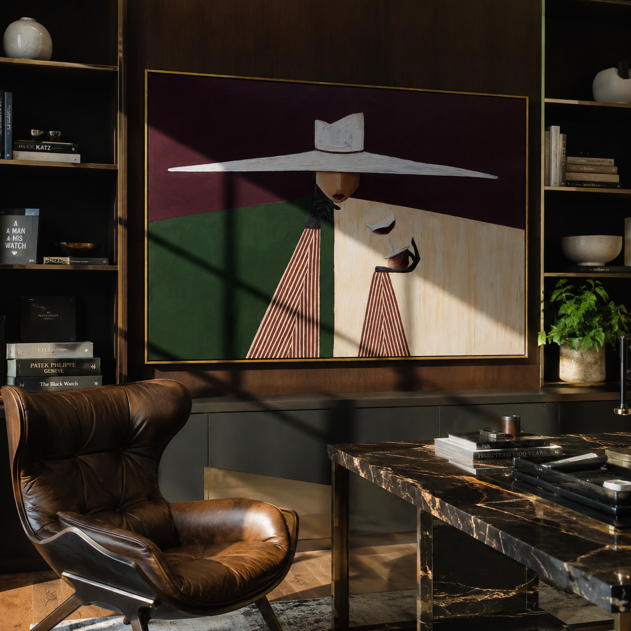 White Brim Serves Burgundy styled in a layered residential interior