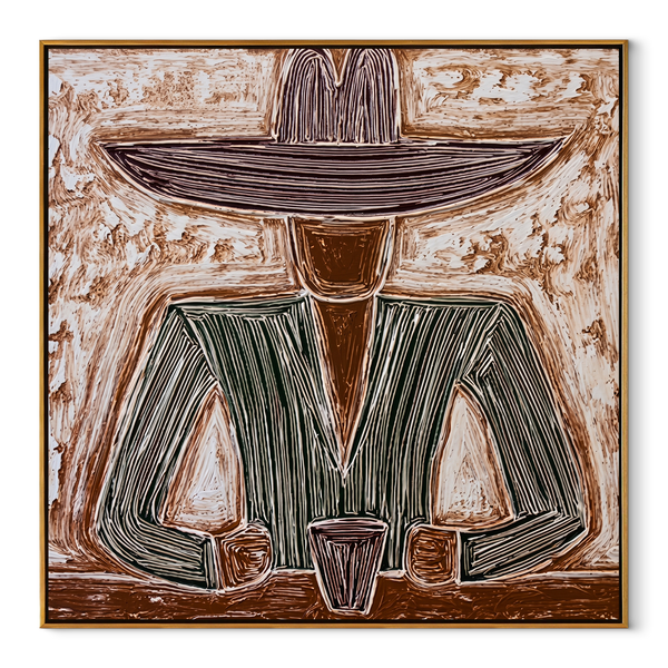 Etched Green Holds Coffee – Green Figure with Cup Painting | Mid-Century Modern Square Wall Art