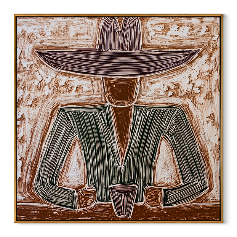 Etched Green Holds Coffee – Green Figure with Cup Painting | Mid-Century Modern Square Wall Art