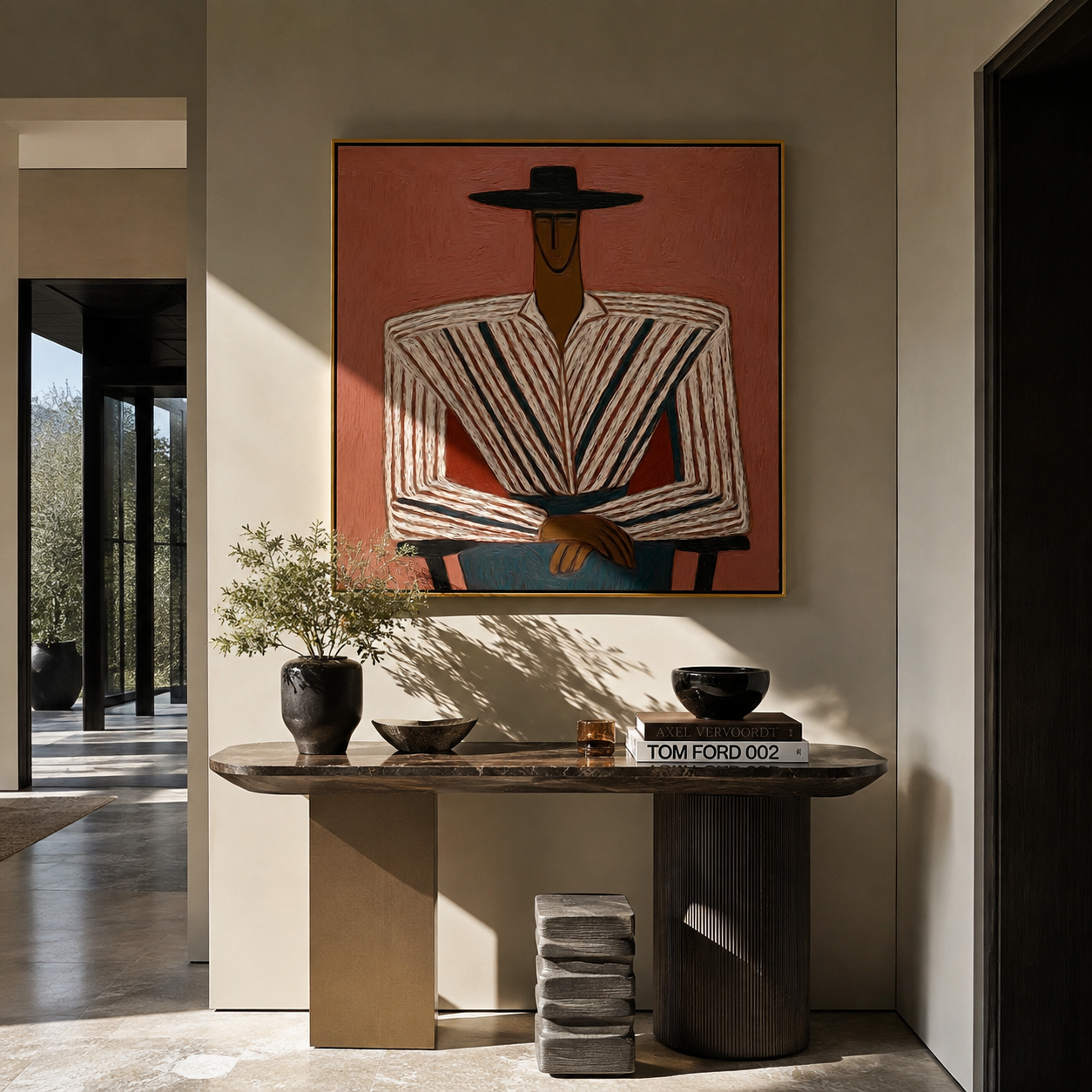 Rose Wall Frames Stripes styled with neutral modern furnishings