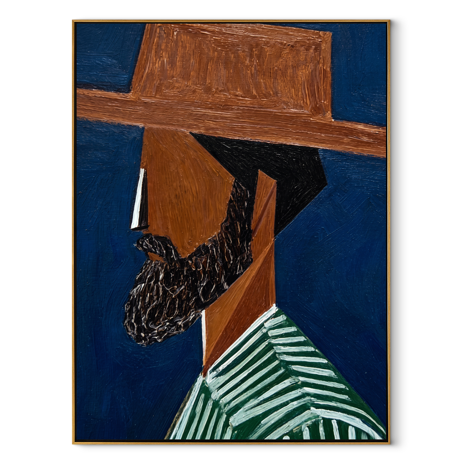 Blue Shadow Grows Beard abstract figurative textured painting, vertical canvas artwork