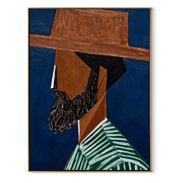 Blue Shadow Grows Beard – Bearded Profile Figure Painting | Mid-Century Modern Vertical Wall Art