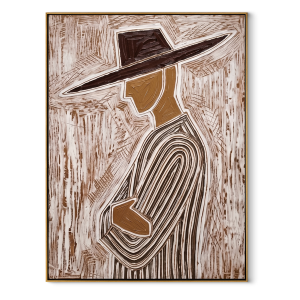 Brown Lines Walk Sideways – Etched Side Profile Painting | Mid-Century Modern Vertical Wall Art