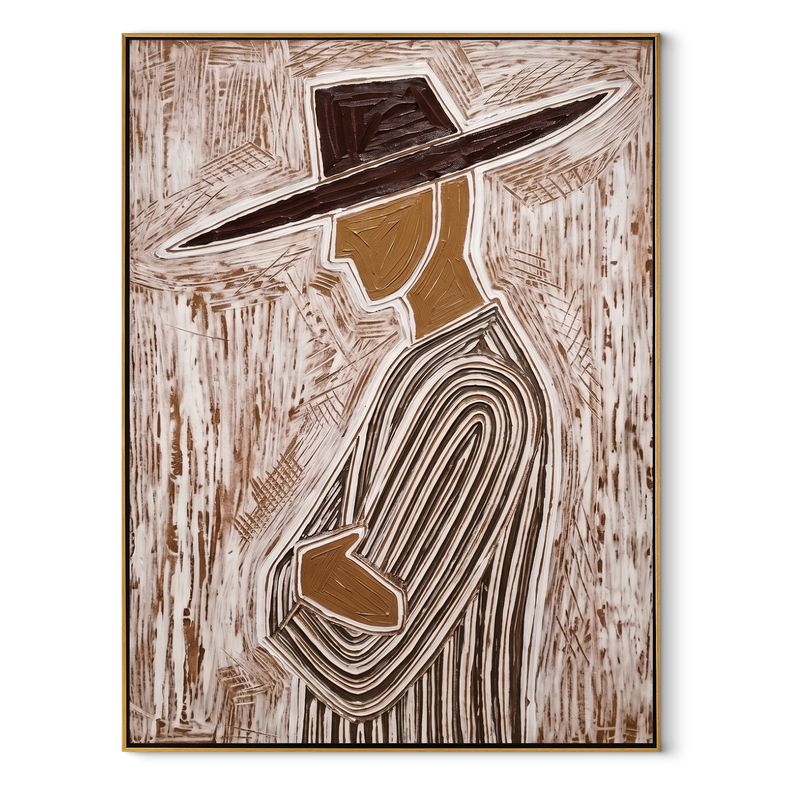 Brown Lines Walk Sideways – Etched Side Profile Painting | Mid-Century Modern Vertical Wall Art