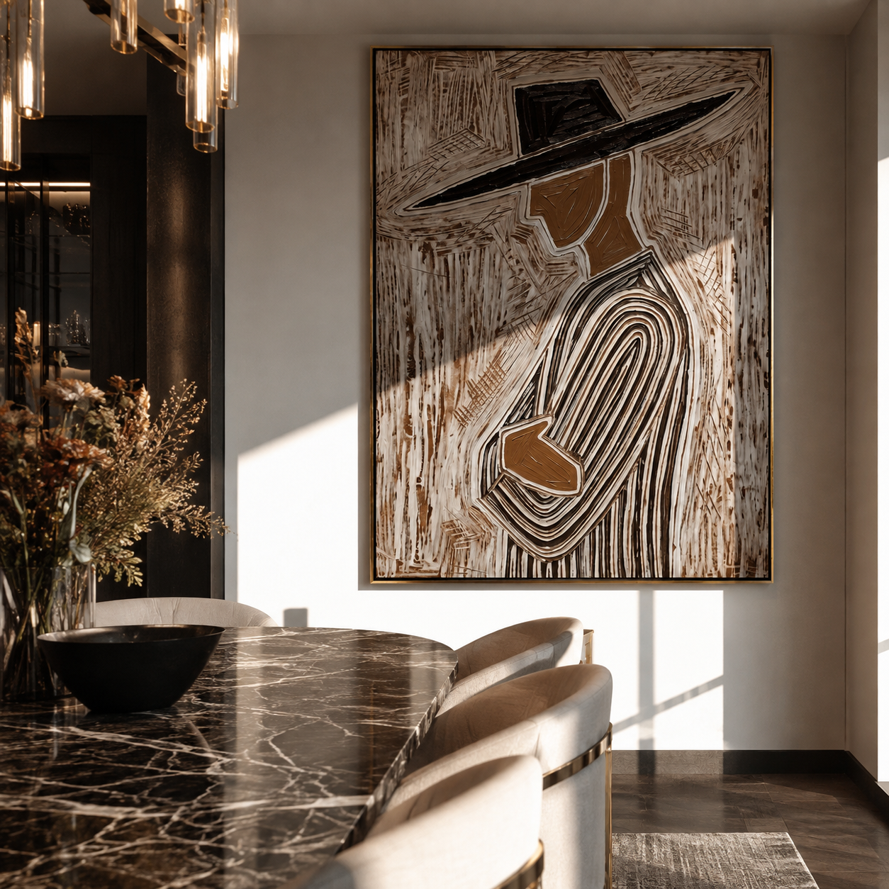 Brown Lines Walk Sideways styled with neutral modern furnishings