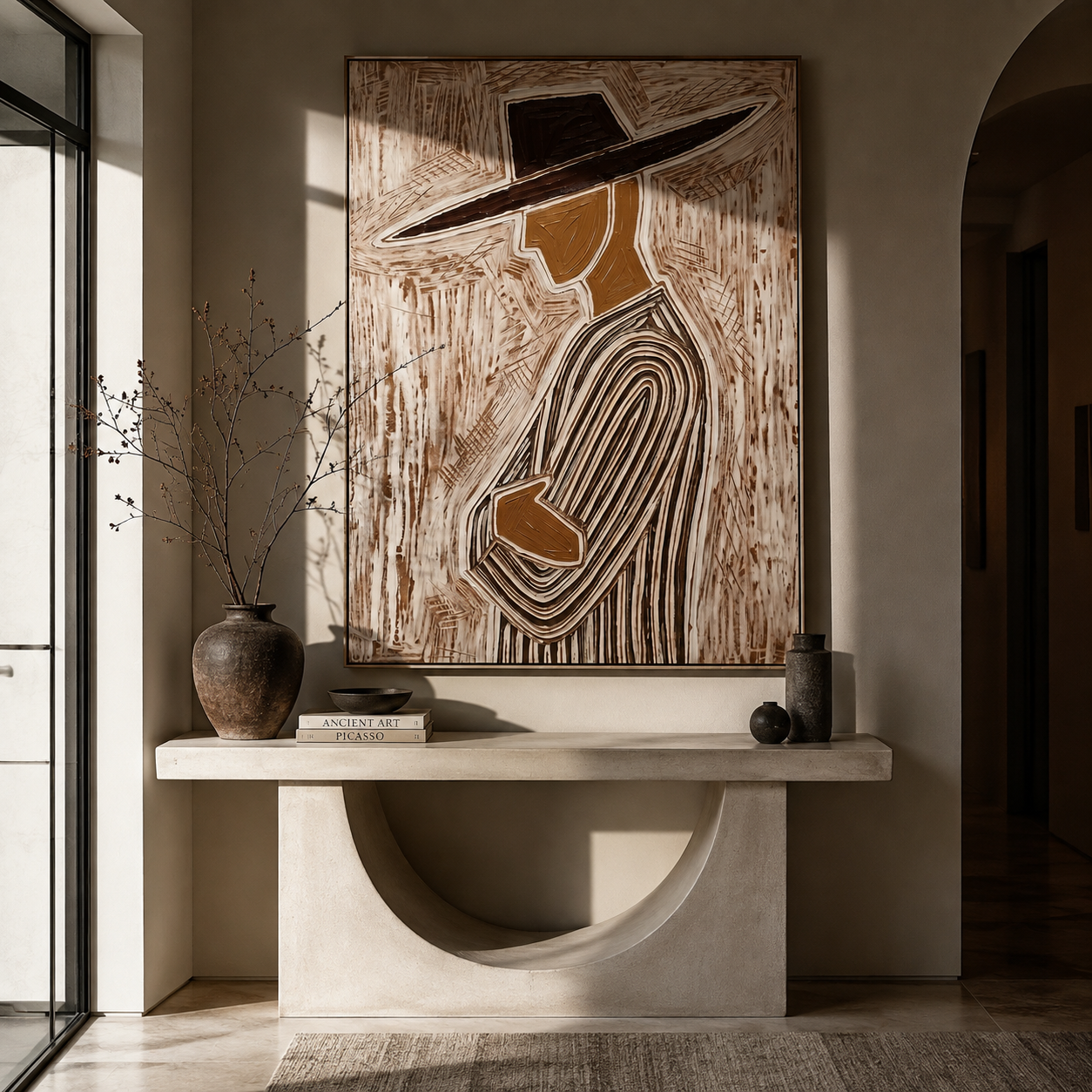 Brown Lines Walk Sideways presented above a contemporary console