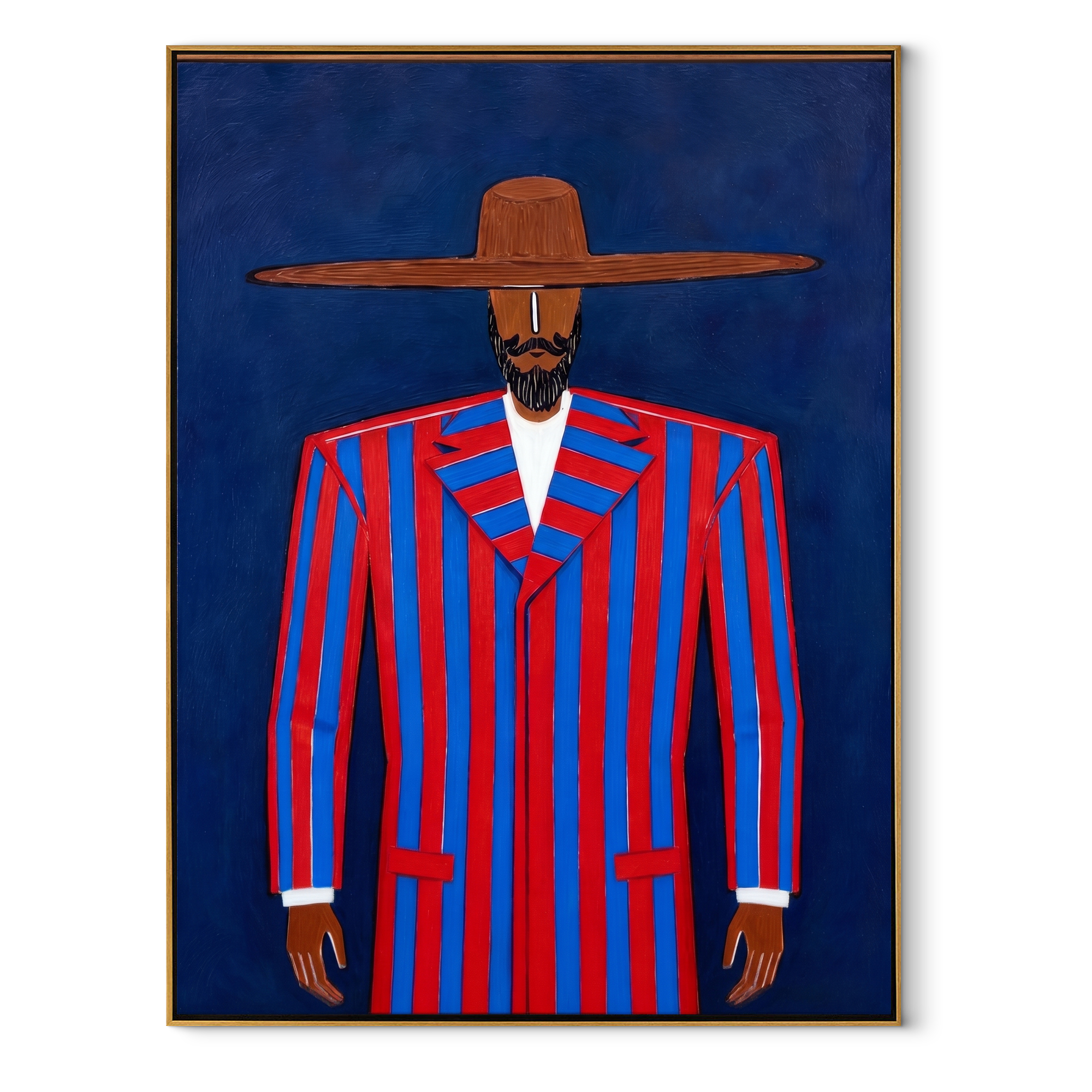 Scarlet Suit Meets Cobalt abstract figurative textured painting, vertical canvas artwork