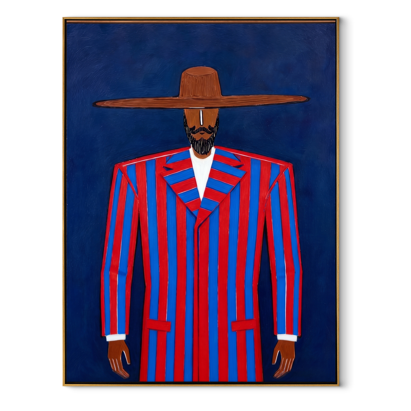 Scarlet Suit Meets Cobalt – Red Blue Pinstripe Figure Painting | Mid-Century Modern Vertical Wall Art