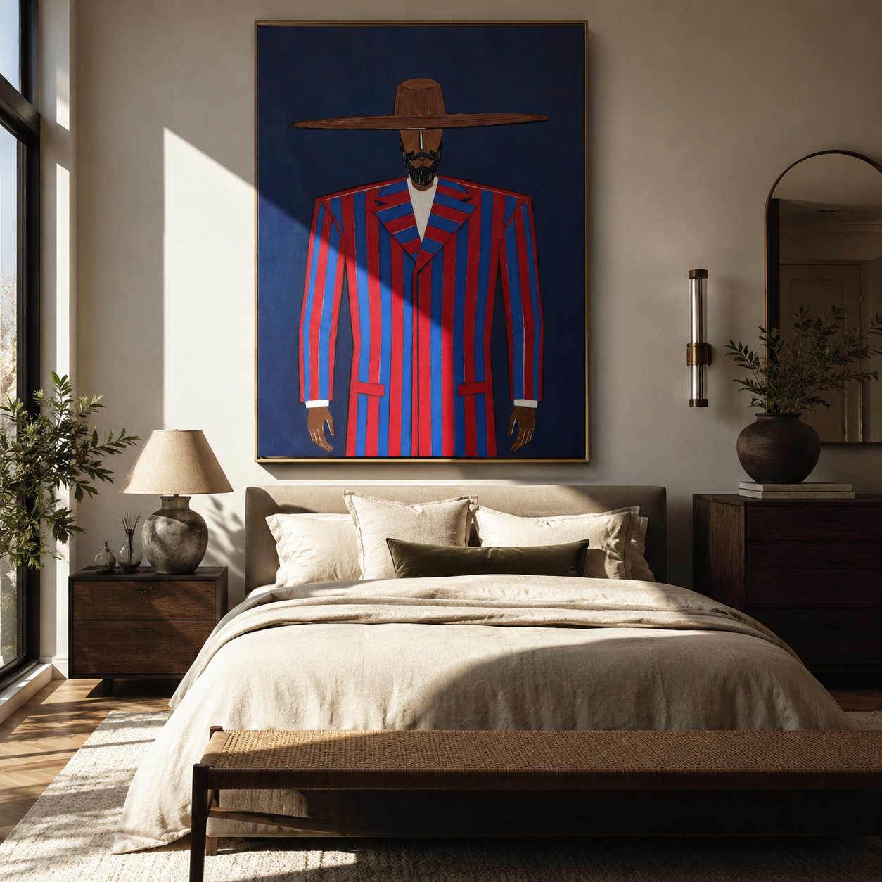 Scarlet Suit Meets Cobalt styled with neutral modern furnishings