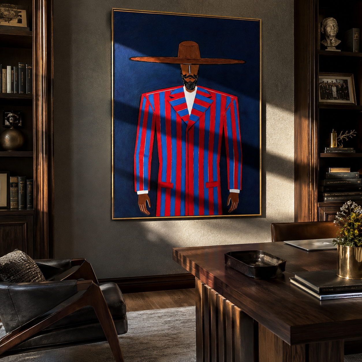 Scarlet Suit Meets Cobalt presented above a contemporary console