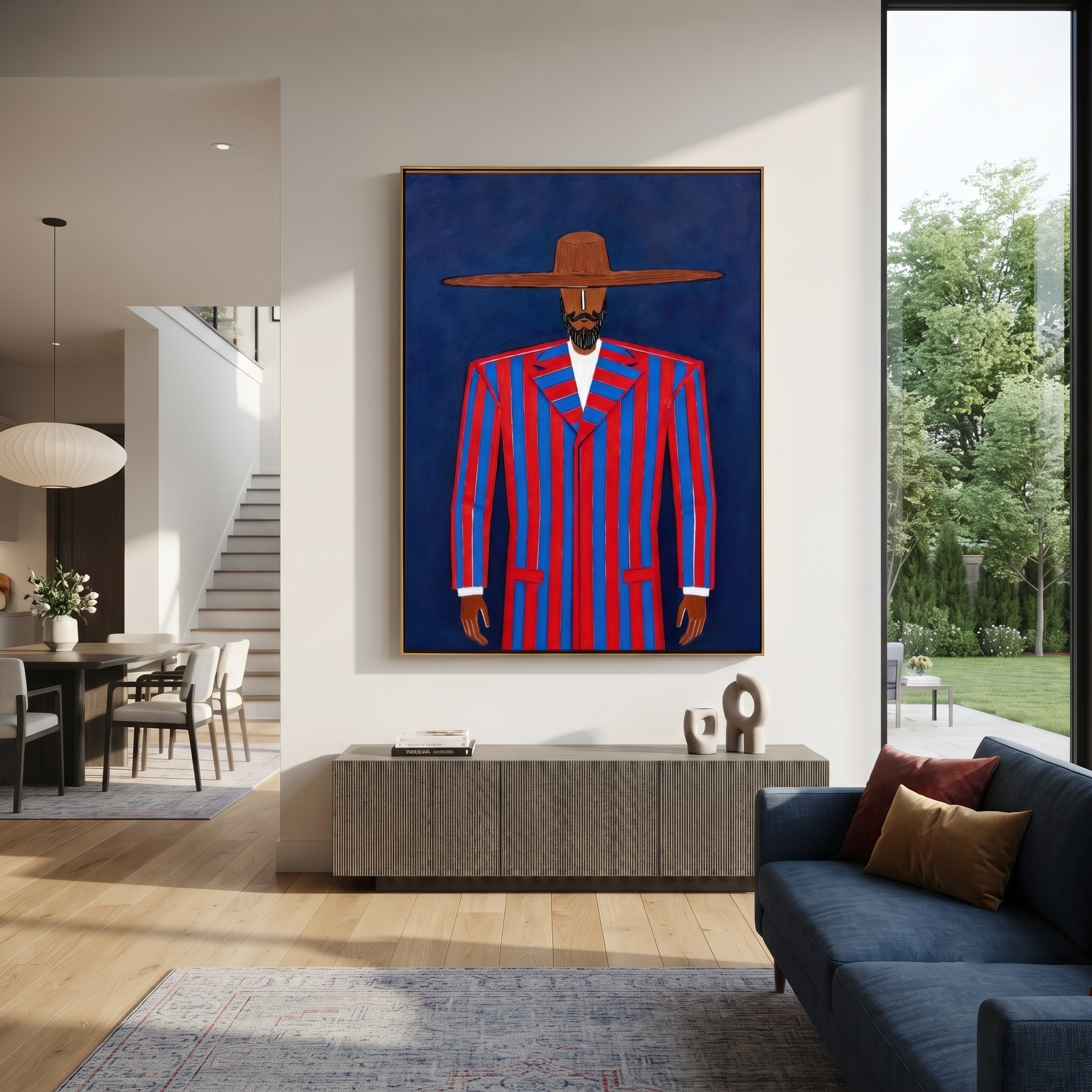 Scarlet Suit Meets Cobalt displayed as a modern room focal point
