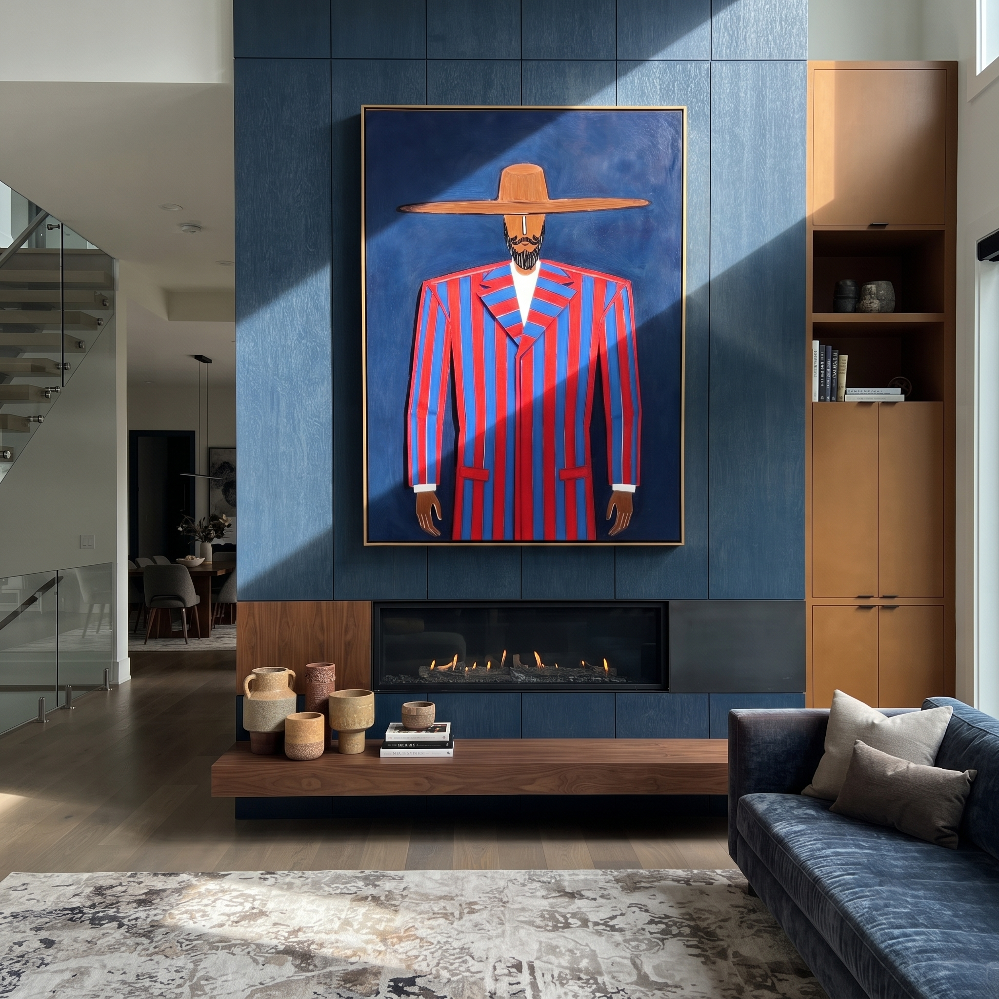 Scarlet Suit Meets Cobalt styled in a layered residential interior