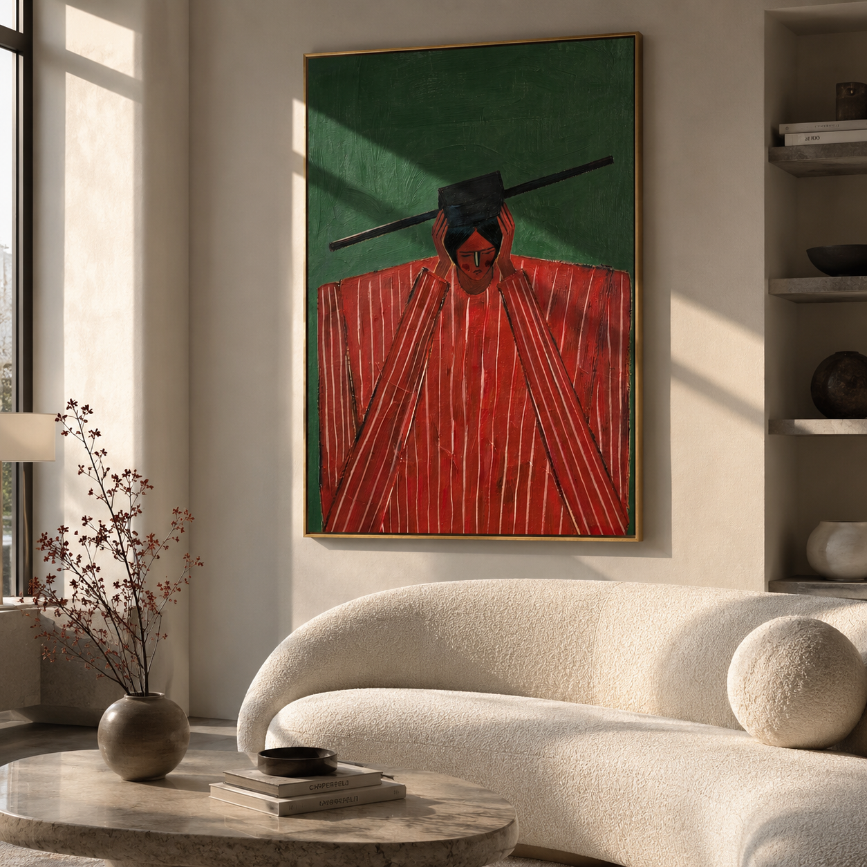 Red Shoulders Hold Forest displayed in a warm contemporary interior