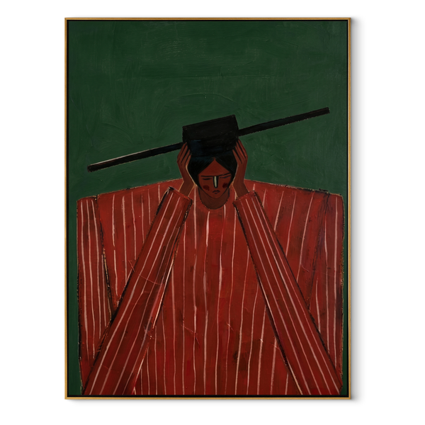 Red Shoulders Hold Forest – Red Figure Green Field Painting | Mid-Century Modern Vertical Wall Art