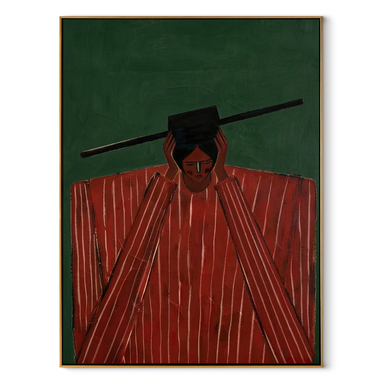 Red Shoulders Hold Forest – Red Figure Green Field Painting | Mid-Century Modern Vertical Wall Art