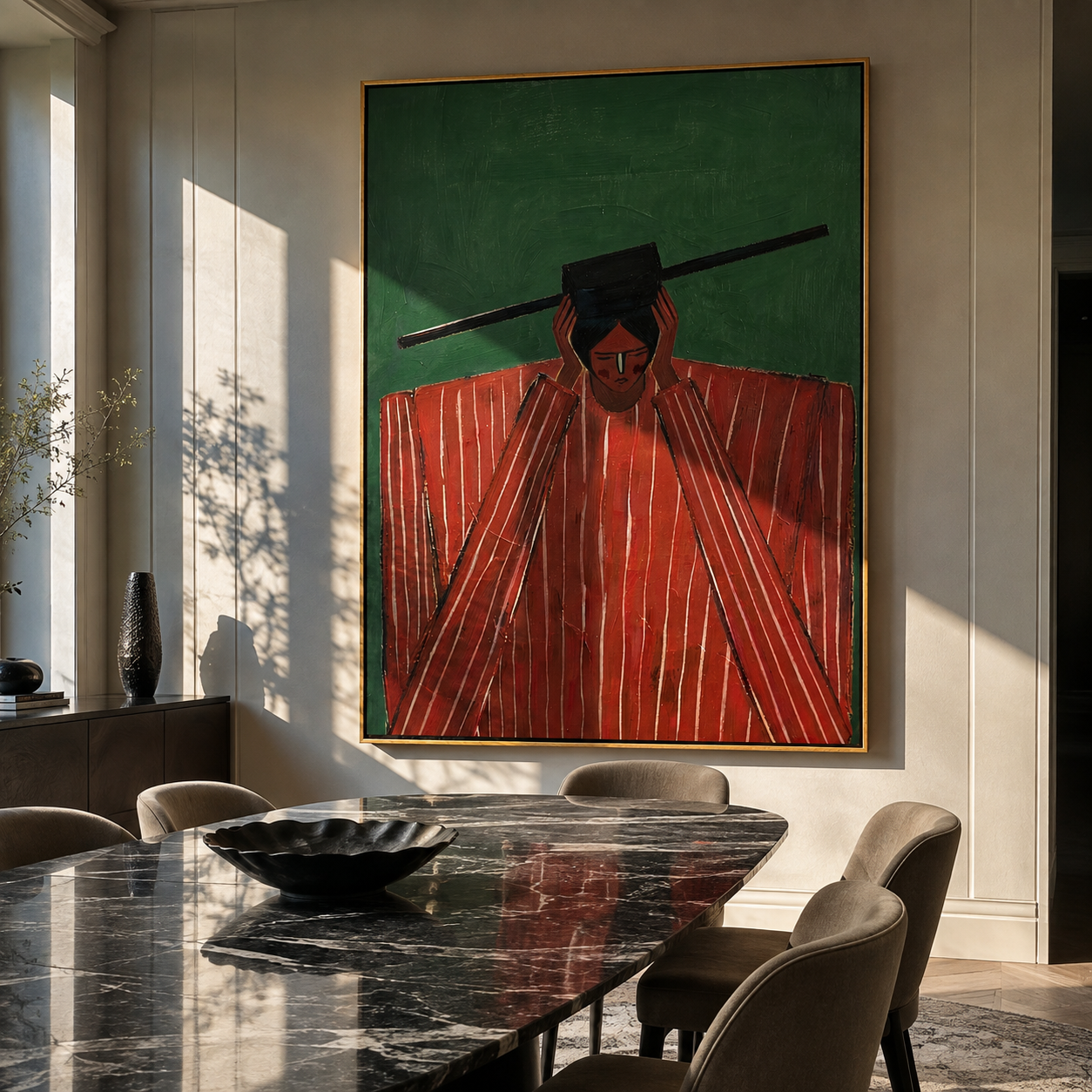 Red Shoulders Hold Forest styled with neutral modern furnishings