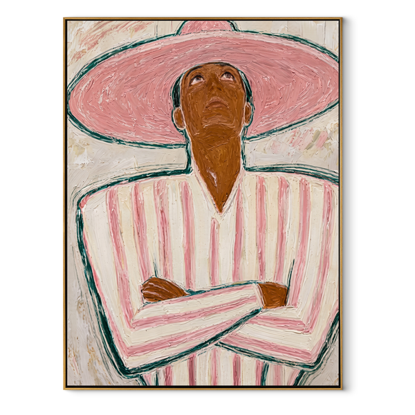 Pink Halo Looks Upward – Pink Brim Figure Painting | Mid-Century Modern Vertical Wall Art