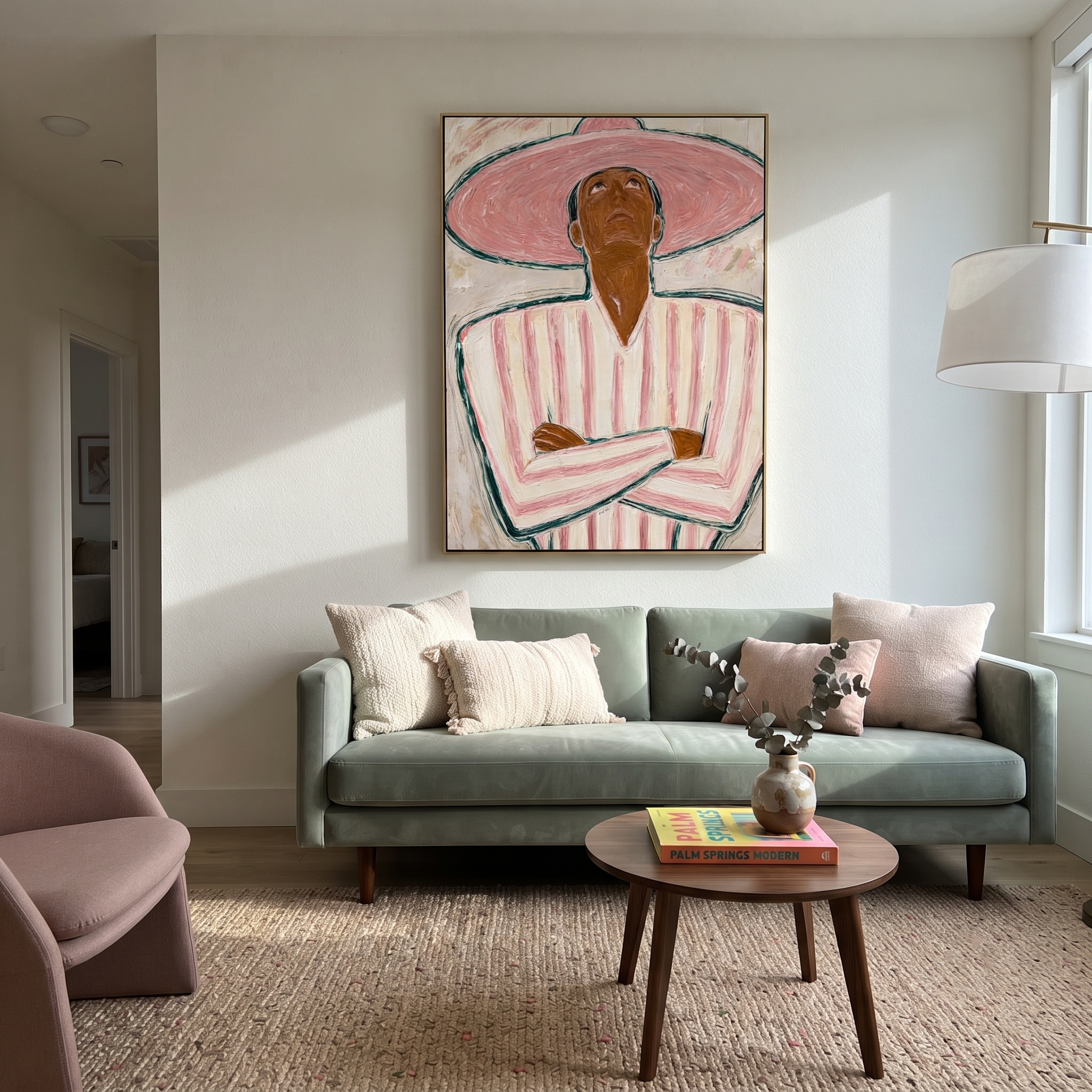 Pink Halo Looks Upward presented above a contemporary console