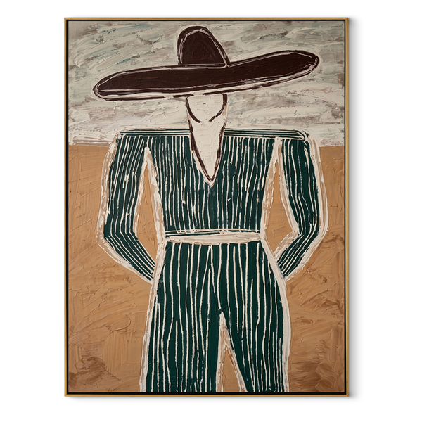 Green Pinstripes Face Sand – Green Suit Figure Painting | Mid-Century Modern Vertical Wall Art