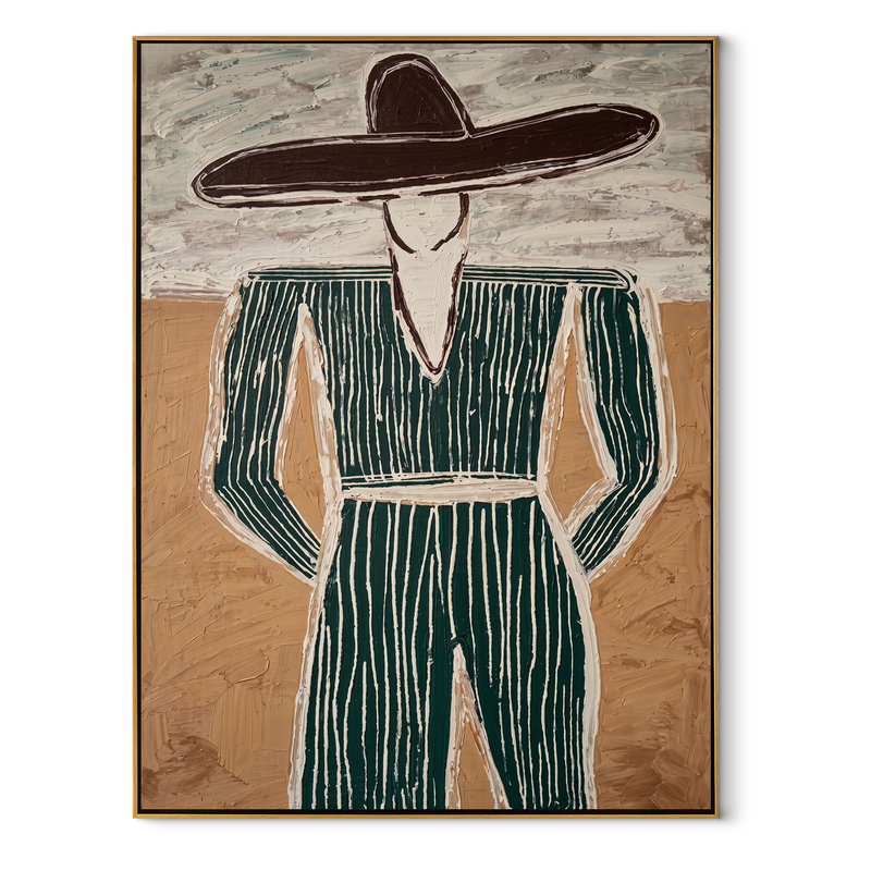 Green Pinstripes Face Sand – Green Suit Figure Painting | Mid-Century Modern Vertical Wall Art