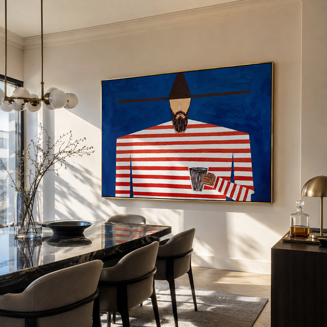 Red Waves Cross Blue displayed in a warm contemporary interior