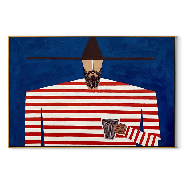 Red Waves Cross Blue – Striped Bearded Figure with Cup Painting | Mid-Century Modern Horizontal Wall Art