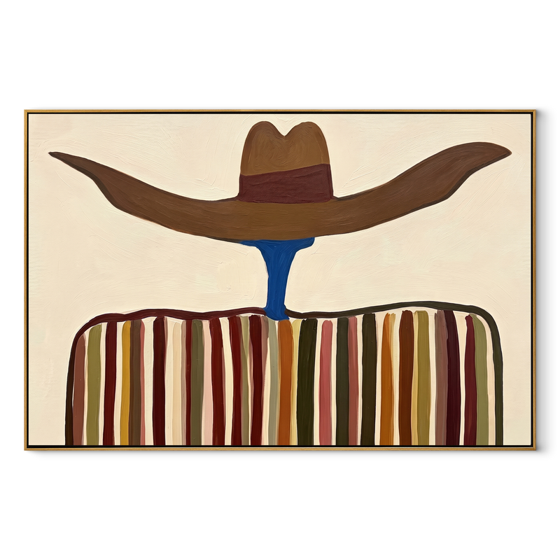Brown Brim Floats Wide – Wide Hat Striped Figure Painting | Mid-Century Modern Horizontal Wall Art
