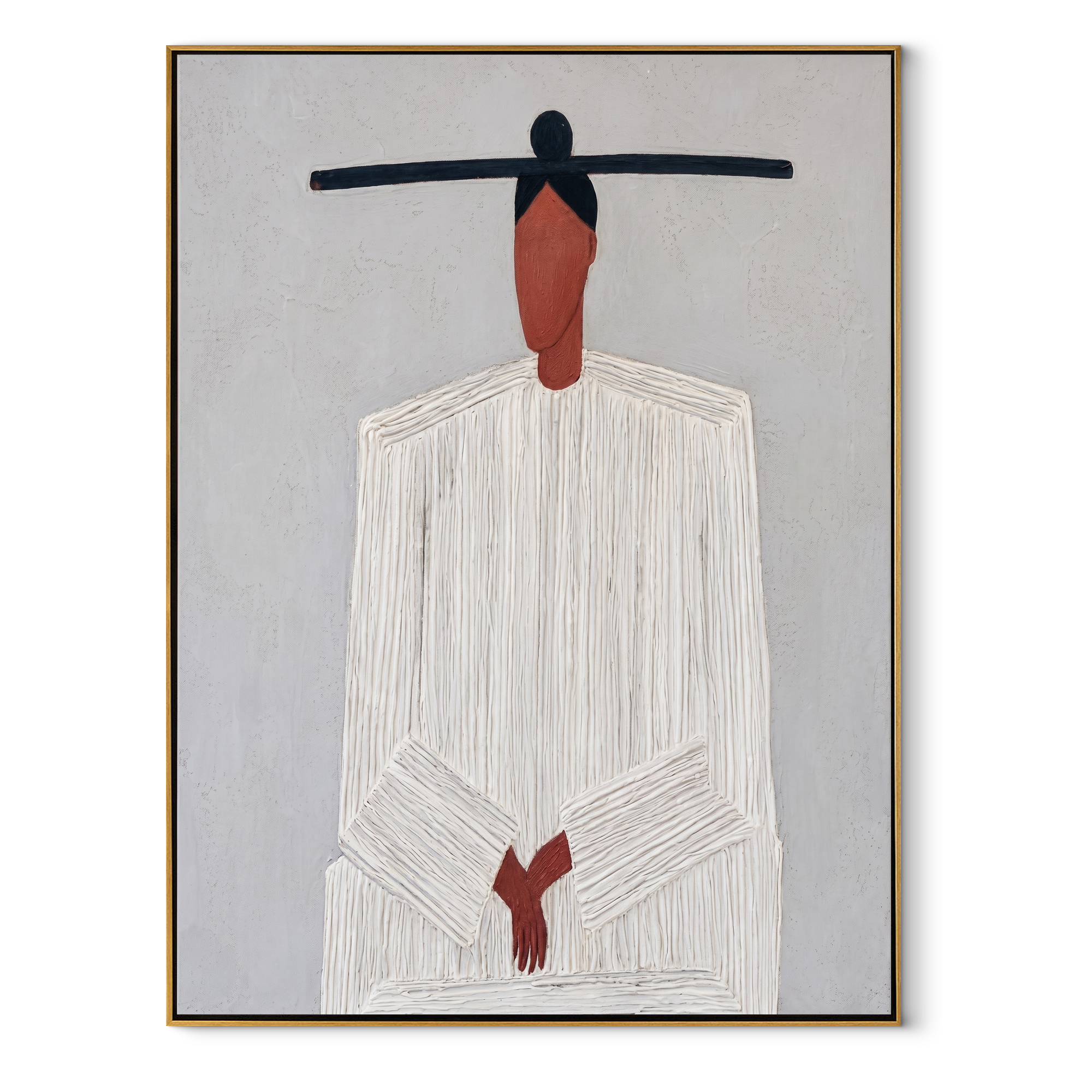 White Lines Gather Low abstract figurative textured painting, vertical canvas artwork