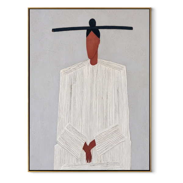 White Lines Gather Low – White Folded Hand Figure Painting | Mid-Century Modern Vertical Wall Art