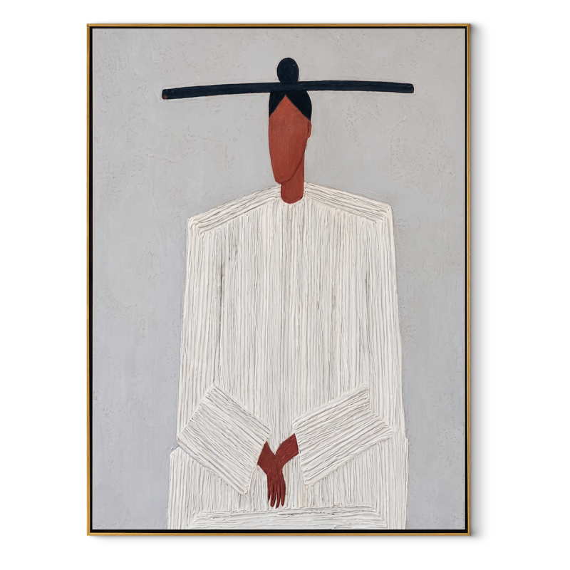 White Lines Gather Low – White Folded Hand Figure Painting | Mid-Century Modern Vertical Wall Art