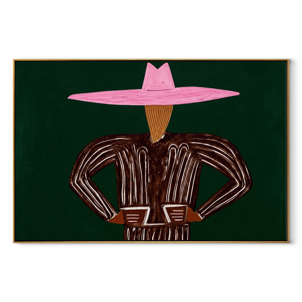 Pink Brim Holds Forest – Pink Hat Brown Figure Painting | Mid-Century Modern Horizontal Wall Art